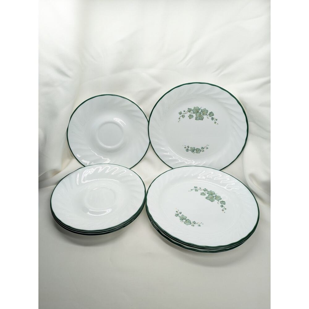Set of 8 Corelle Callaway Ivy Dessert Salad - Saucers Plates Swirl Green Rim